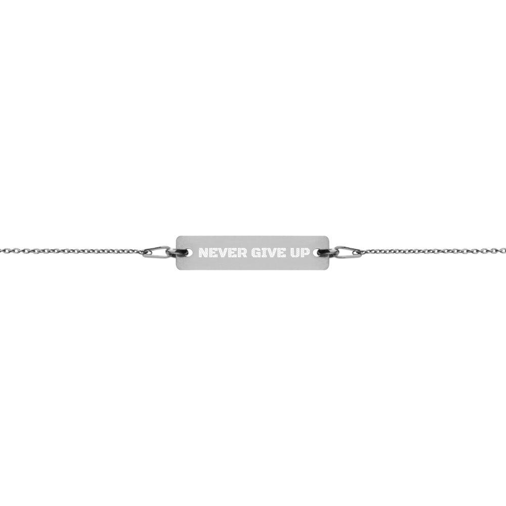 Never Give Up Engraved Silver Bar Bracelet with Vegan Leather String and Black Rhodium Coating on The Good Shop Online Store